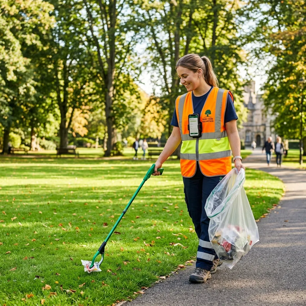 A worker in an orange high-visibility vest, with a phone clipped to her chest, picks up a wrapper with a green grabber on a park path and carries a clear trash bag.