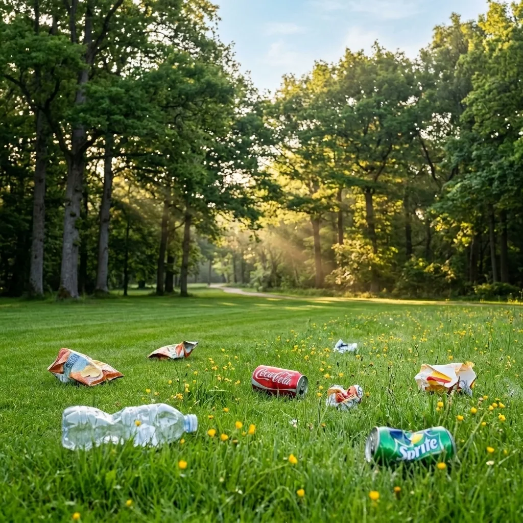 Bottles, cans and snack wrappers lying in the grass of a tree-lined park.
